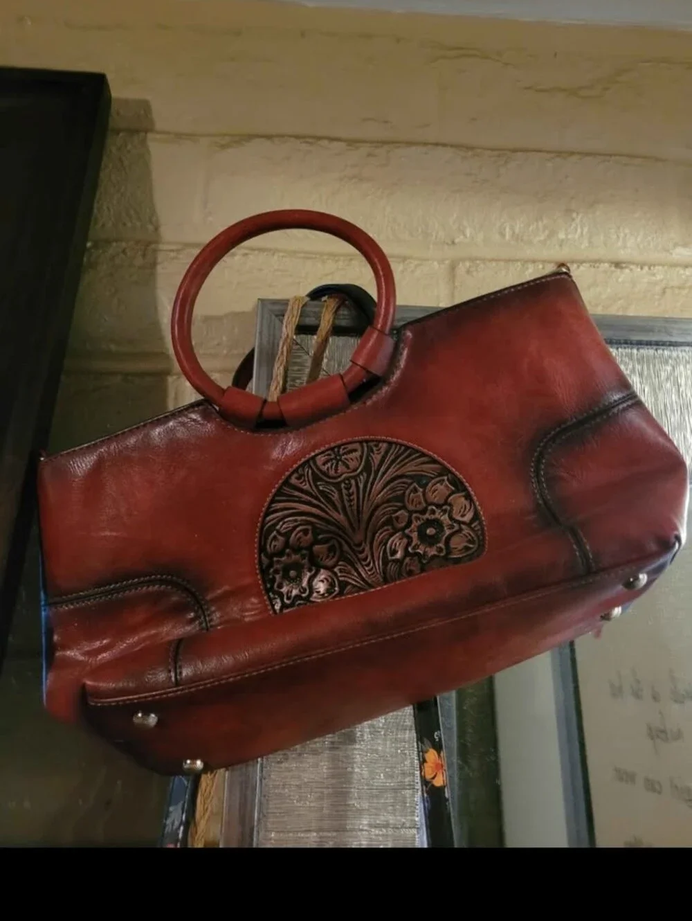 Women's Red Leather Handbag with Floral Embossed Accent